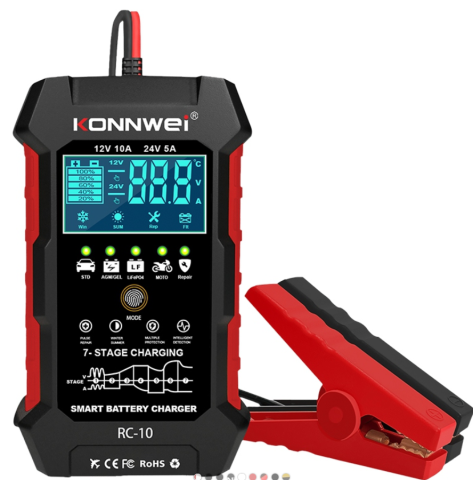 Akkumulátorok/Száraz elemek - KONNWEI RC-10 intelligens akkumulátortöltő – 12V / 24V, 10A gyorstöltés, Repair funkció