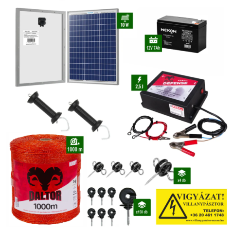 Kutyák - Napelemes Daltor 2,5J erősségű villanypásztor csomag 1000m vezetékkel és akkumulátorral