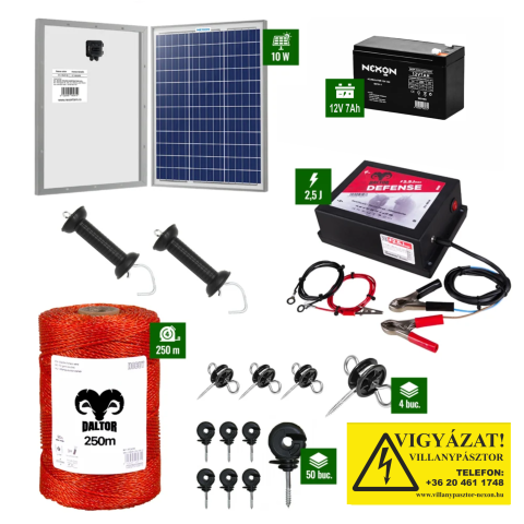 Kistestű állatok - Napelemes Daltor 2,5J erősségű villanypásztor csomag 250m vezetékkel és akkumulátorral