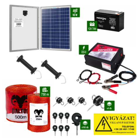 Kutyák - Napelemes Daltor 2,5J erősségű villanypásztor csomag 750m vezetékkel és akkumulátorral