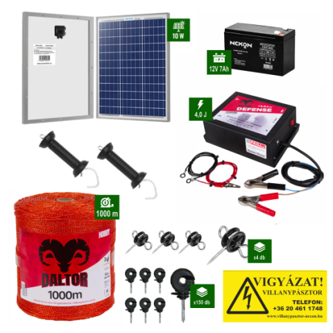 Kistestű állatok - Napelemes Daltor 4J erősségű villanypásztor csomag 1000m vezetékkel és akkumulátorral