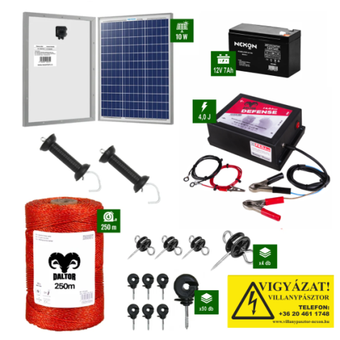 Kistestű állatok - Napelemes Daltor 4J erősségű villanypásztor csomag 250m vezetékkel és akkumulátorral