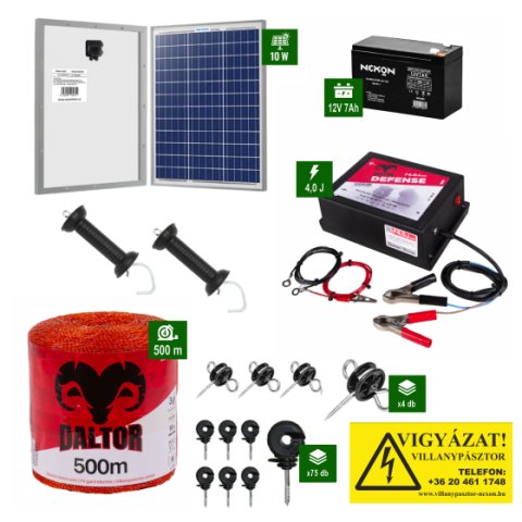 Kistestű állatok - Napelemes Daltor 4J erősségű villanypásztor csomag 500m vezetékkel és akkumulátorral