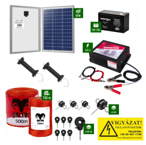 Kistestű állatok - Napelemes Daltor 4J erősségű villanypásztor csomag 750m vezetékkel és akkumulátorral