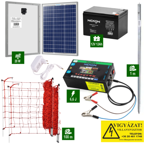 Napelemes Villanypásztor szett Nexon 6,6J tápegység 100m hálóval és műanyag oszlopokkal