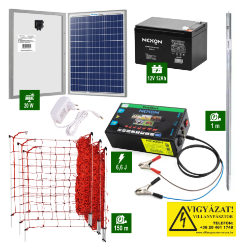 Napelemes Villanypásztor szett Nexon 6,6J tápegység 150m hálóval és műanyag oszlopokkal