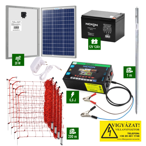 Napelemes Villanypásztor szett Nexon 6,6J tápegység 200m hálóval és műanyag oszlopokkal