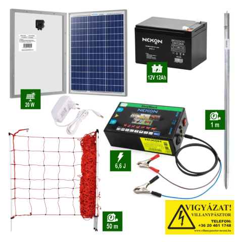 Villanypásztor csomagok - Napelemes Villanypásztor szett Nexon 6,6J tápegység 50m hálóval és műanyag oszlopokkal