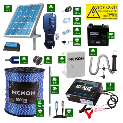 Vadállatok - NEXON BeastShock Industrial 8.5J – Professzionális napelemes villanypásztor rendszer 100W napelemmel és 50Ah akkumulátorral