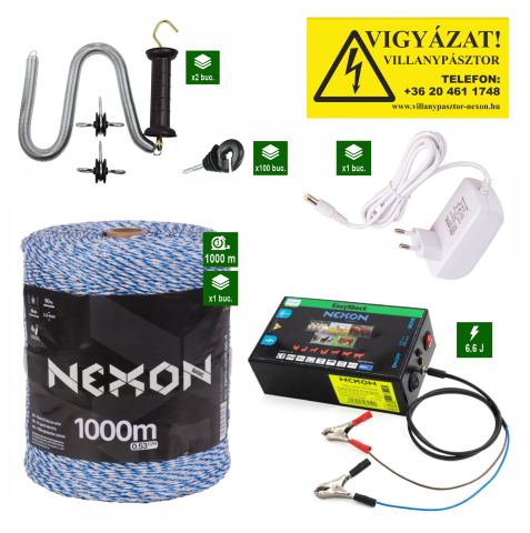 Vadállatok - NEXON EasyShock 6,6J komplett villanypásztor szett - 12V/230V, 1000 m Basic 4 fémszálas vezeték 90 kg-os szakítószilárdsággal)