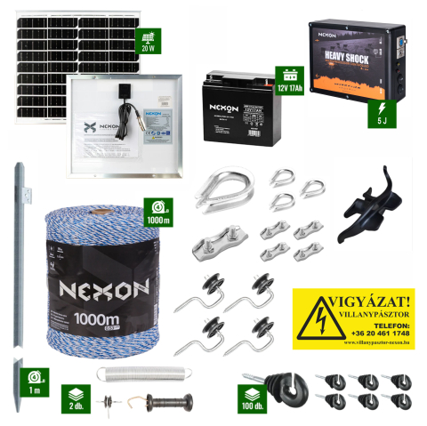 Nagytestű állatok - NEXON HeavyShock 6. generációs 5J komplett villanypásztor szett + 1000 m, 90 kg szakítószilárdságú vezeték + 18Ah akkumulátor + 20W napelem