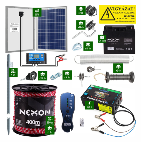 Vadállatok - Teljes villanypásztor csomag Nexon 6,6J + 400m zsinór 300 kg szakítószilárdság + Napelem 30W + 18Ah akkumulátor