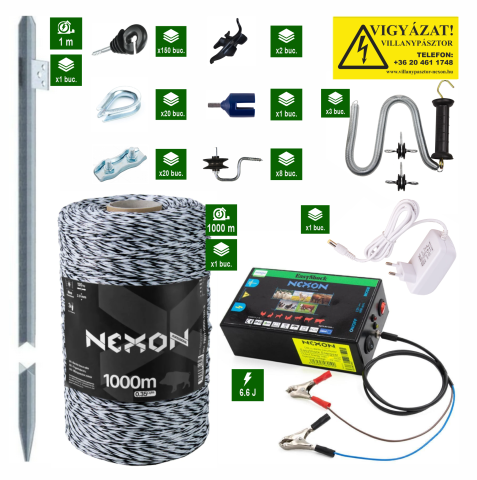 Villanypásztor csomagok - Teljes villanypásztor rendszer hálózati és akkumulátoros működéssel NEXON EasyShock 6,6J – 1000m zsinór 120Kg-os szakítószilárdság