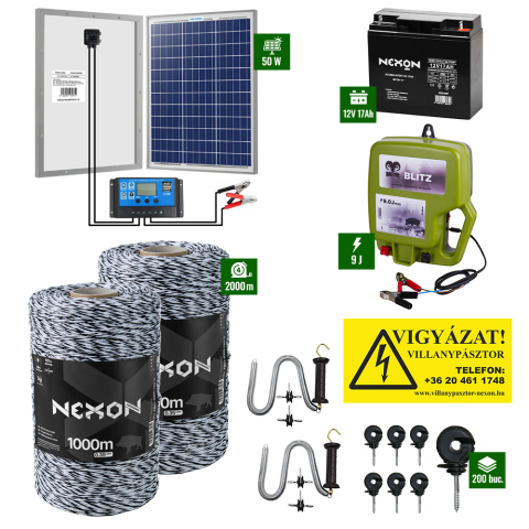 Vadállatok - Villanypásztor csomag Daltor 9J + 2000m zsinór 120Kg + Napelem 50W töltésszabályzóval + akkumulátor 18Ah