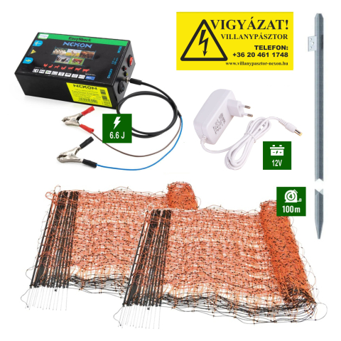 Villanypásztor szett Nexon 6,6J tápegység 100m hálóval és műanyag oszlopokkal