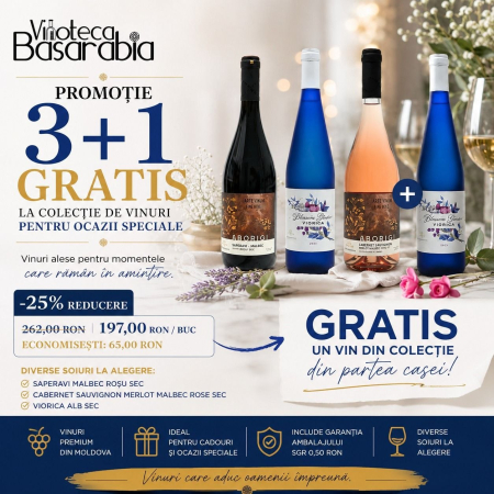 VIN ROȘU ÎN STICLĂ - PROMOȚIE „3+1 GRATIS” LA COLECȚIE DE VINURI PENTRU OCAZII SPECIALE