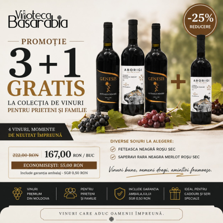 VIN ROȘU ÎN STICLĂ - PROMOȚIE „3+1 GRATIS” LA COLECȚIE DE VINURI PENTRU PRIETENI ȘI FAMILIE