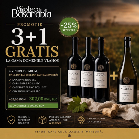 VIN ROȘU ÎN STICLĂ - PROMOȚIE „3+1 GRATIS” LA GAMA DOMENIILE VLAHOS