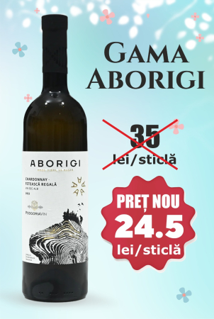 VIN ALB ÎN STICLĂ - !PROMOȚIE DE PRIMĂVARĂ! ABORIGI CHARDONNAY FETEASCA REGALA - ALB SEC - PODGORIA 0.75L !PROMOȚIE DE PRIMĂVARĂ!
