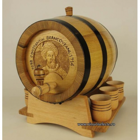 Ambalaje vin - Butoias din salcam pentru palinca si horinca sculptat cu bustul Domnitorului Constantin Brancoveanu