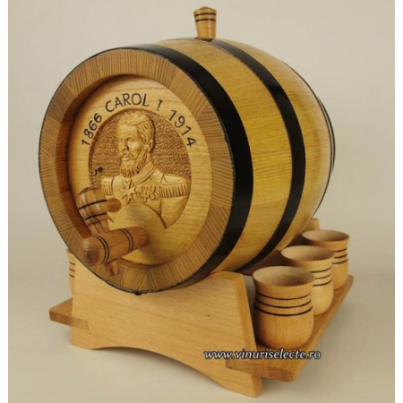 Ambalaje vin - Butoias din salcam pentru palinca si horinca sculptat cu bustul Regelui Carol I