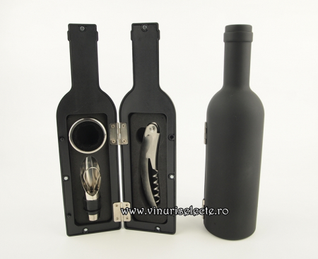 Accesorii vin - Cutie in forma de sticla cu 3 accesorii (tirbison, antipicurator si inel)