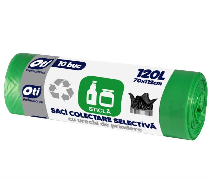 Saci colectare selectiva Sticla, cu urechi de prindere, 120L, 10 buc./rola - verde [1]