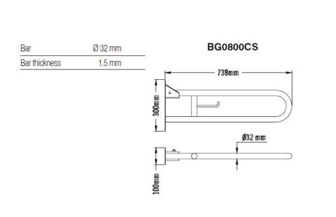 Bara de sustinere rabatabila cu suport de hartie igienica, fixare pe perete, 738 mm [1]