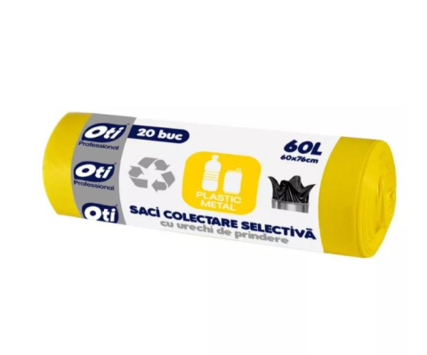Saci menajeri - Saci colectare selectiva Plastic/Metal, cu urechi de prindere, 60L, 20 buc./rola - galben