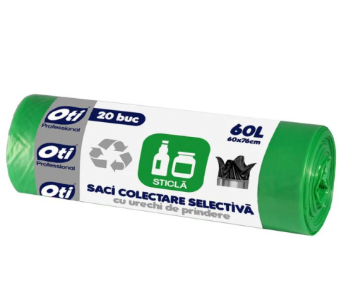 Saci menajeri - Saci colectare selectiva Plastic/Metal, cu urechi de prindere, 60L, 20 buc./rola - verde