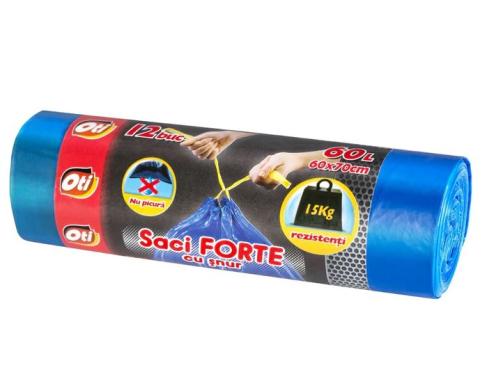 Saci menajeri - Saci menajeri FORTE, 60L, cu snur, albastru, 12 buc./rola