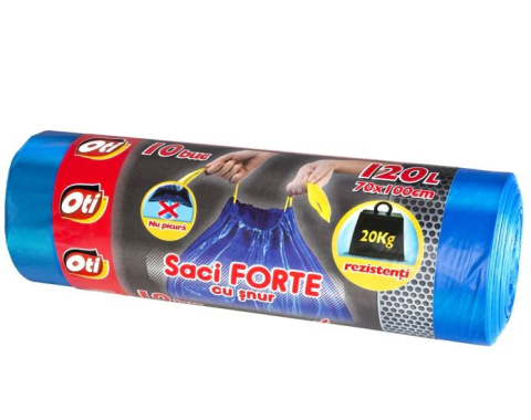 Saci menajeri - Saci menajeri FORTE, 120L, cu snur, albastru, 10 buc./rola