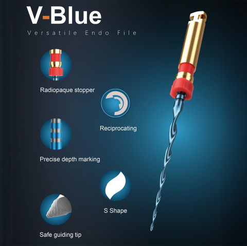 Instrumentar rotativ - V-File Blue NiTi 25 mm ace pentru tratamentul canalului radicular cu miscare alternativa/Reciproc cutie x 6 ace