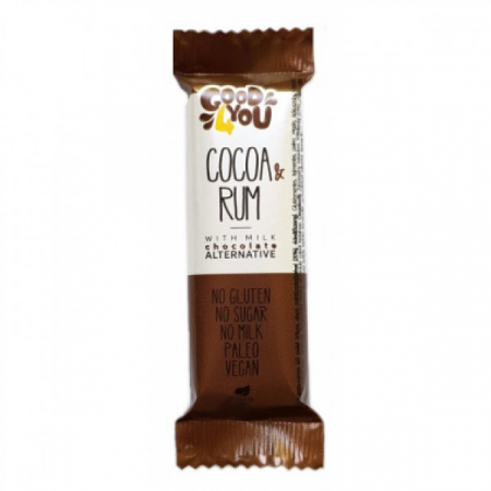 Alimente fără gluten - Baton paleo vegan cu cacao si rom in glazura de ciocolata, Good you 25g