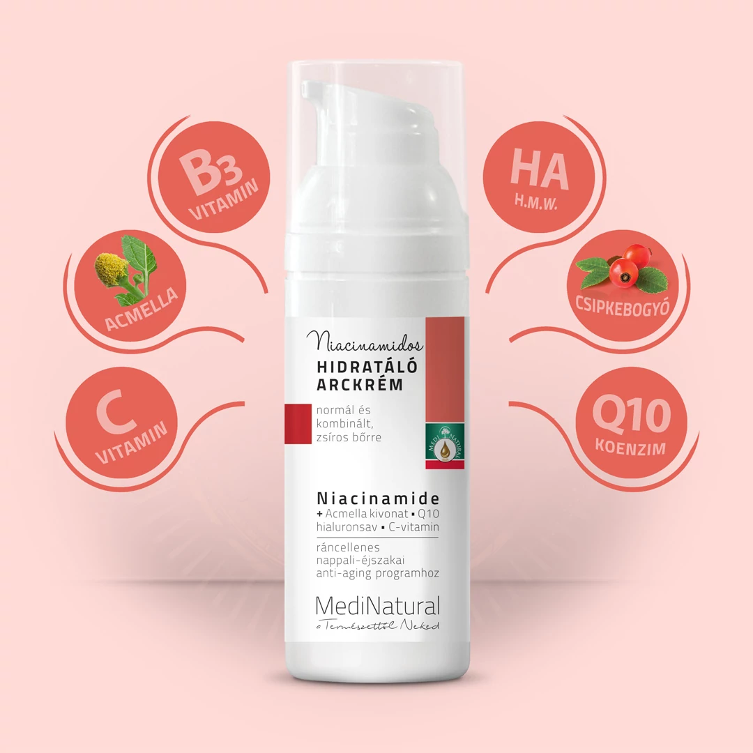 Îngrigire piele - MediNatural Cremă hidratantă cu Niacinamidă – anti-aging, matifiantă, 50ml