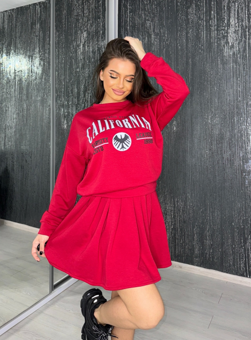 Compleu California Vibe Red Rosu de Dama cu Fusta si Top Elegant Office Casual Confortabil Elastic din Bumbac | VITRENDX [2]