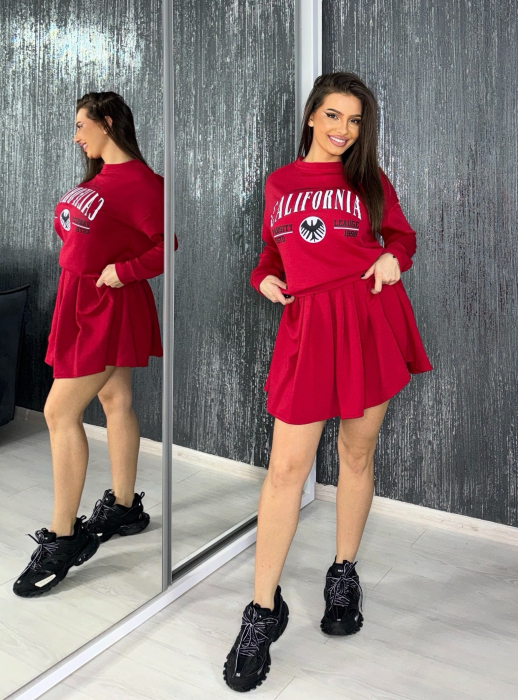 Compleu California Vibe Red Rosu de Dama cu Fusta si Top Elegant Office Casual Confortabil Elastic din Bumbac | VITRENDX [5]