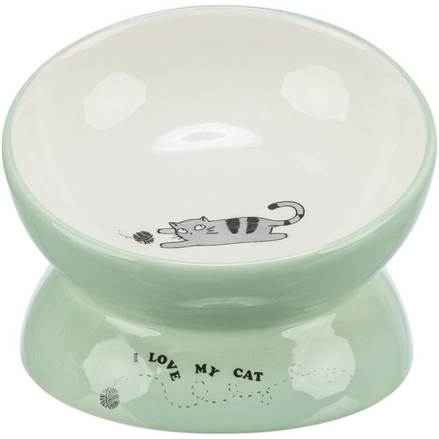 Castron Ceramic Pentru Pisici, Ridicat, Forma Ergonomica,  0.15 l/Ã¸ 13 cm, Verde Salvie/Alb, 24470 [1]