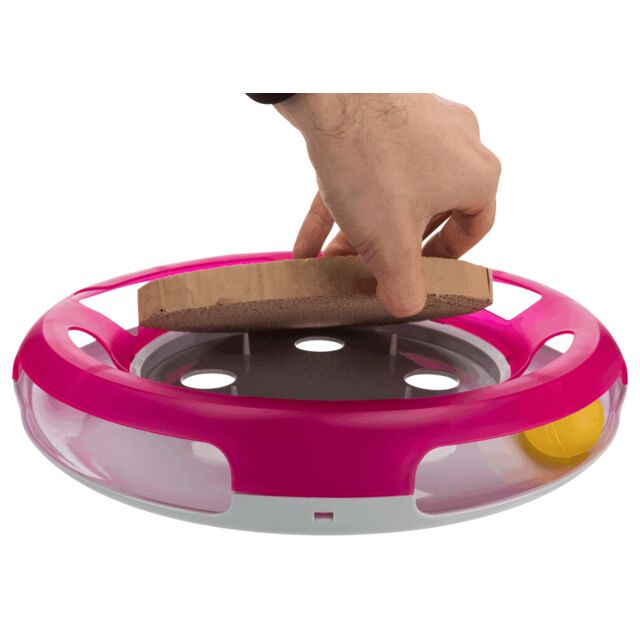 Jucarie 2in1 Pentru Pisici, Race & Scratch, Plastic/Carton, 37 cm, Roz/Alb, 41415	 [11]