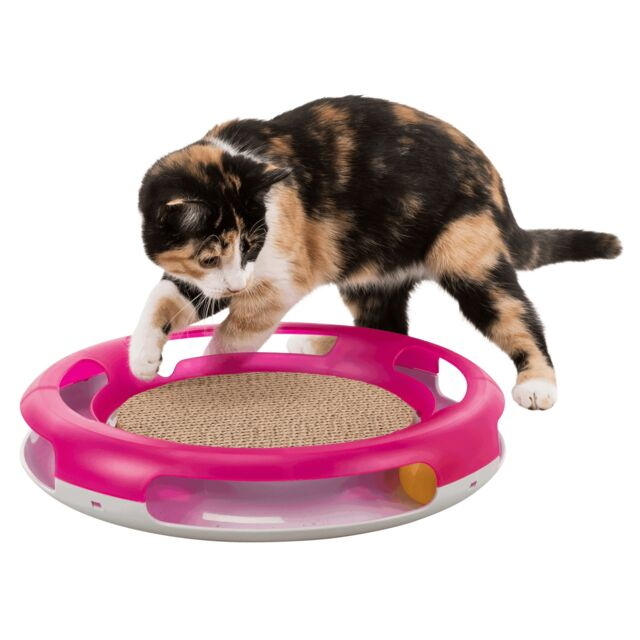 Jucarie 2in1 Pentru Pisici, Race & Scratch, Plastic/Carton, 37 cm, Roz/Alb, 41415	 [4]