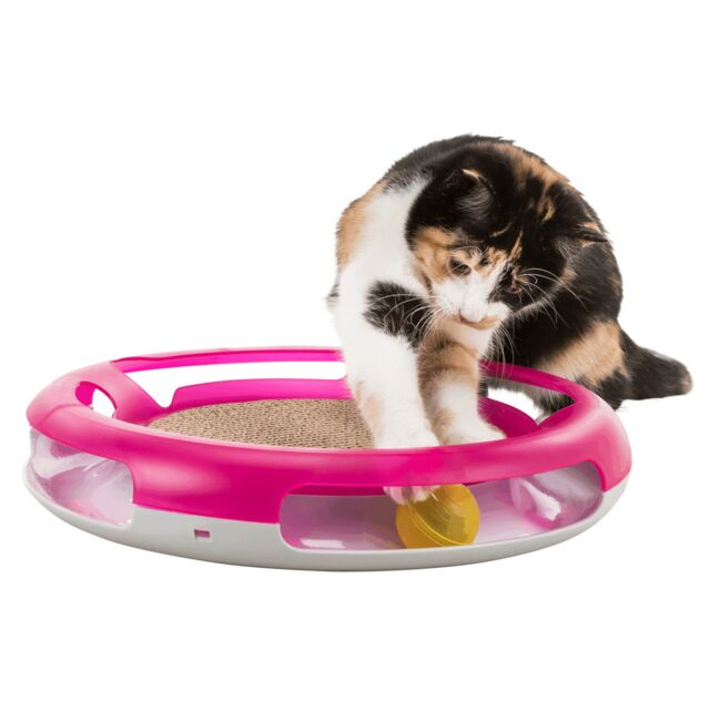 Jucarie 2in1 Pentru Pisici, Race & Scratch, Plastic/Carton, 37 cm, Roz/Alb, 41415	 [3]