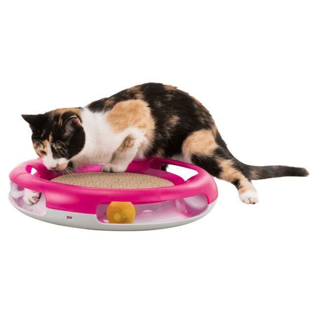 Jucarie 2in1 Pentru Pisici, Race & Scratch, Plastic/Carton, 37 cm, Roz/Alb, 41415	 [5]