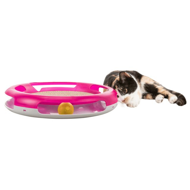 Jucarie 2in1 Pentru Pisici, Race & Scratch, Plastic/Carton, 37 cm, Roz/Alb, 41415	 [6]