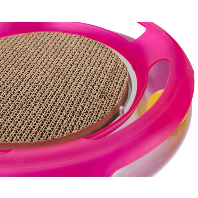 Jucarie 2in1 Pentru Pisici, Race & Scratch, Plastic/Carton, 37 cm, Roz/Alb, 41415	 [2]