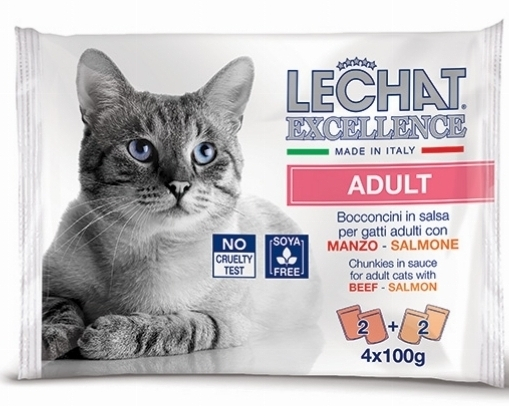 Hrana Umeda Pentru Pisici, LeChat Excellence Adult, Cu Vita/Somon In Sos, 4x100 g	 [2]