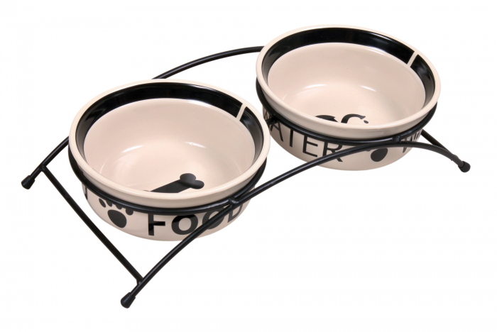 Set 2 Castroane Ceramice Cu Suport Metalic, 2x0.6 l/Ã¸ 15 cm/32x9x15 cm, Alb/Negru, 24641 [4]