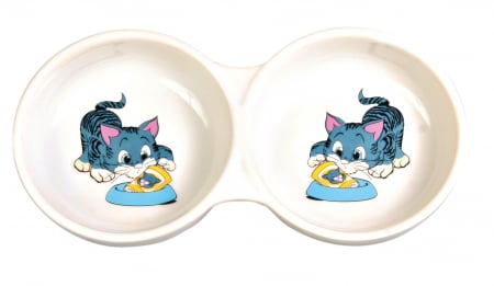 Castroane si adapatoare - Castron Ceramic Dublu Pentru Pisici, 2x0.15 l/11 cm/23x3x11 cm, Alb, 4014