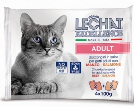 Hrana umeda - Hrana Umeda Pentru Pisici, LeChat Excellence Adult, Cu Vita/Somon In Sos, 4x100 g	