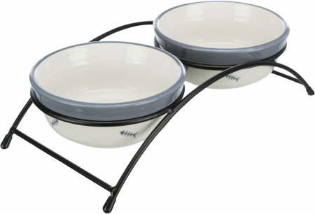 Castroane si adapatoare - Set 2 Castroane Ceramice Cu Suport Metalic, 2x0.3 l/12 cm/26x7x14 cm, Alb/Albastru-Gri, 24790