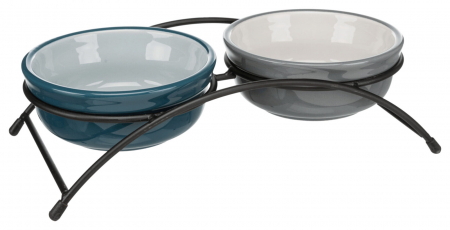 Set 2 Castroane Ceramice Cu Suport Metalic, 2x0.25 l/13 cm/27x8x13 cm, Petrol/Gri, 24535 [1]